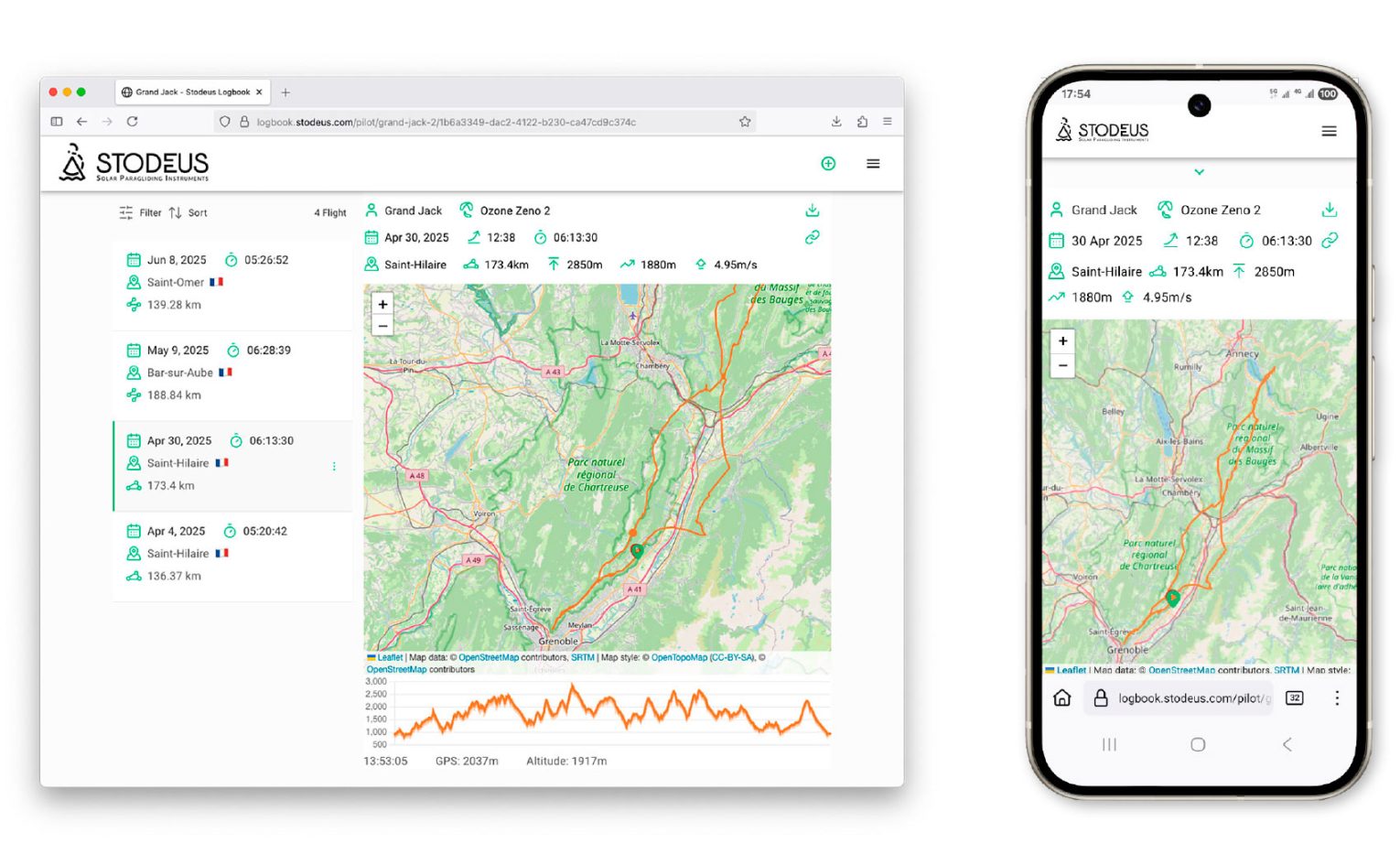 Zrzut z ekranu paralotniowej książki lotów Stodeus